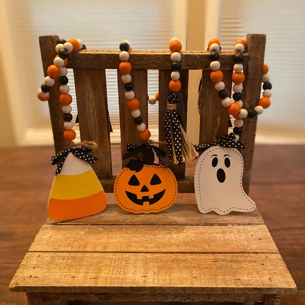 Halloween Beaded Garland Set Of 3, Candy Corn, Ghost & Jack-O-Lantern Garland